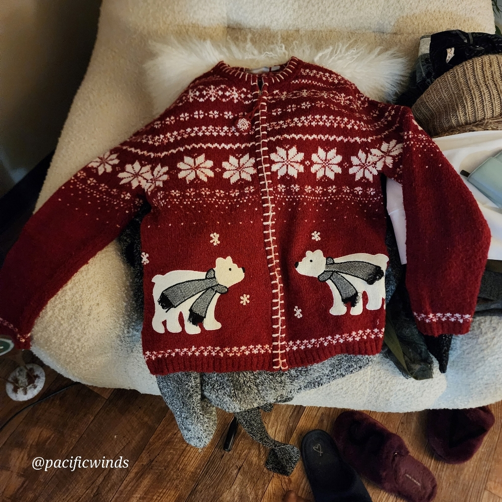COZY WHIP STITCH KNIT POLAR BEAR FULL ZIP SWEATER MEDIUM ☆